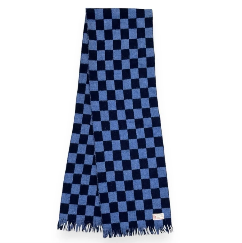 HANDCRAFT INC 100% Shetland Wool Long Scarf Tassels Blue Checkerboard Pattern